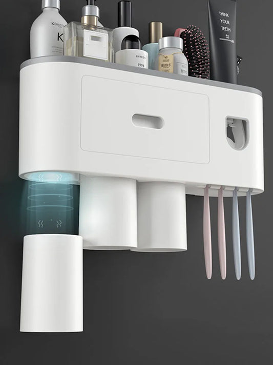 Automatic Toothpaste Dispenser & Toothbrush Holder with Wall-Mounted Storage for Bathroom