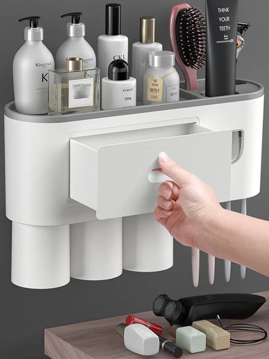 Automatic Toothpaste Dispenser & Toothbrush Holder with Wall-Mounted Storage for Bathroom